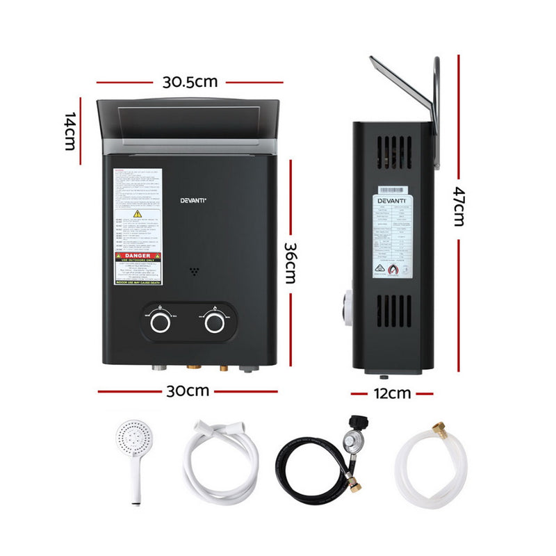 Devanti Portable Gas Water Heater LPG-powered System Black - Outbackers