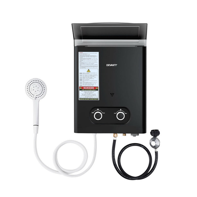 Devanti Portable Gas Water Heater LPG-powered System Black - Outbackers