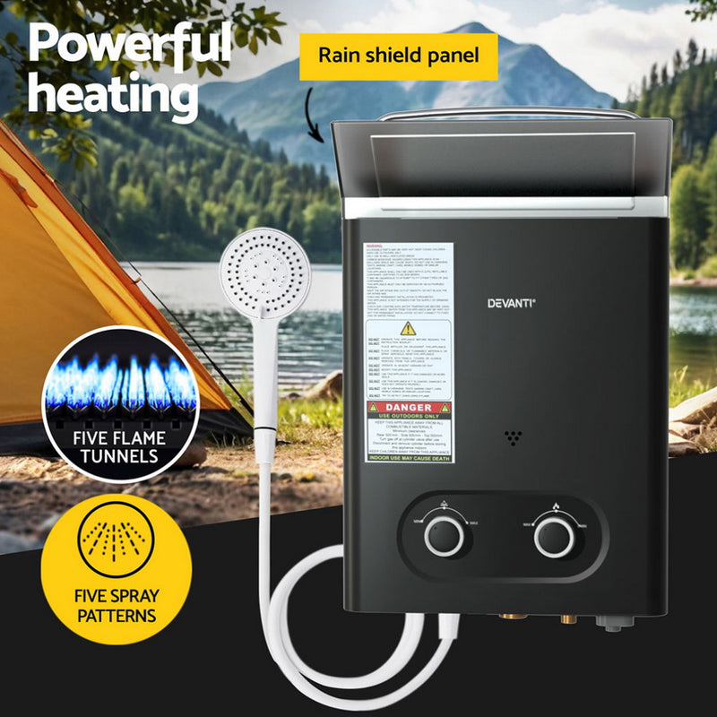 Devanti Portable Gas Water Heater LPG-powered System Black - Outbackers