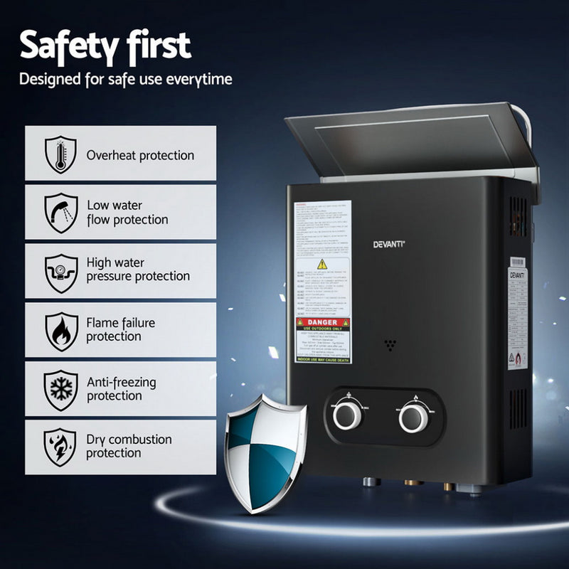 Devanti Portable Gas Water Heater LPG-powered System Black - Outbackers
