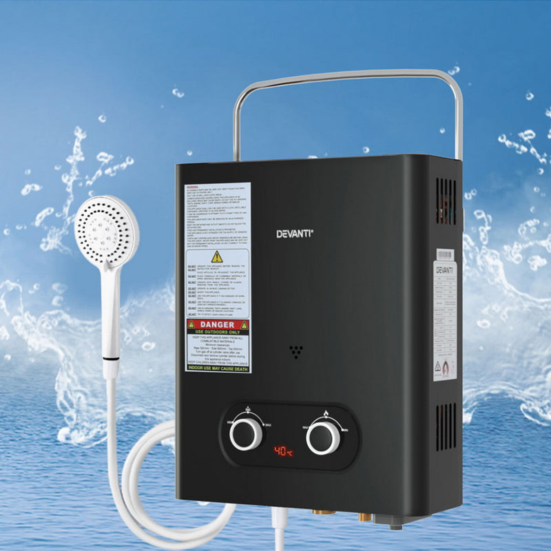 Devanti Portable Gas Water Heater LPG-powered System Black - Outbackers