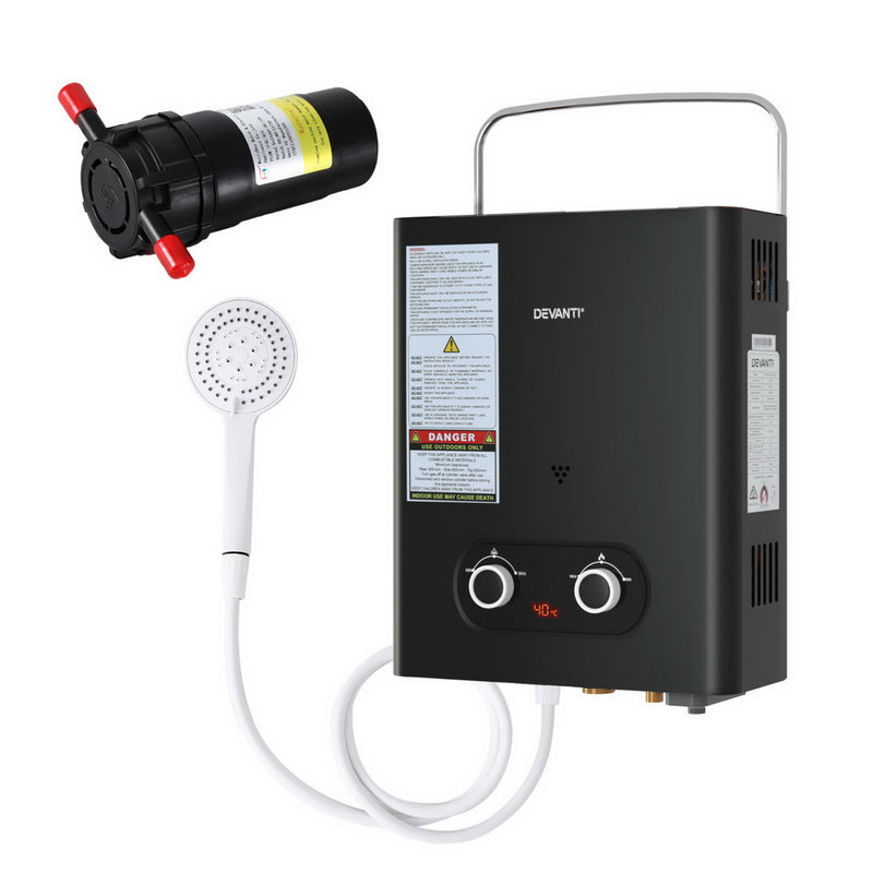 Devanti Portable Gas Water Heater LPG-powered System Black With Pump - Outbackers