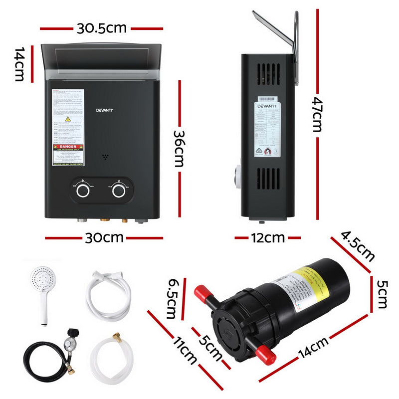 Devanti Portable Gas Water Heater LPG-powered System Black With Pump - Outbackers