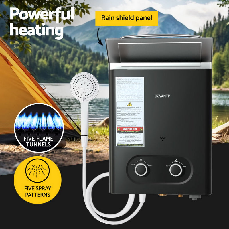 Devanti Portable Gas Water Heater LPG-powered System Black With Pump - Outbackers