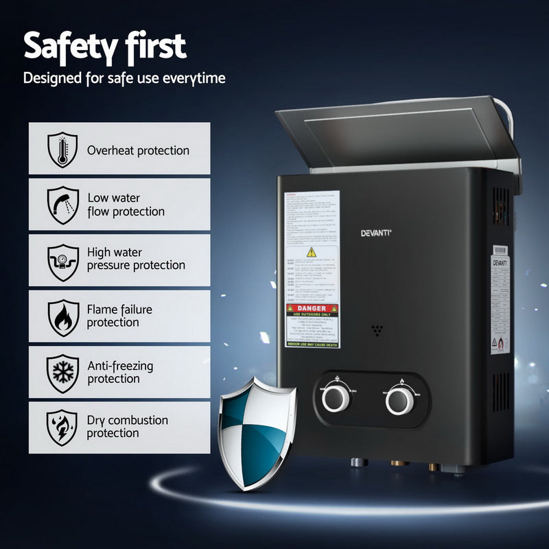 Devanti Portable Gas Water Heater LPG-powered System Black With Pump - Outbackers