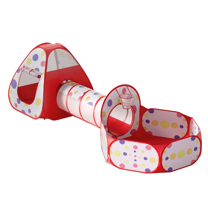 Keezi Kids Playhouse Play Tent Pop Up Teepee Ball Pit Tunnel Basketball Hoop Red - Outbackers