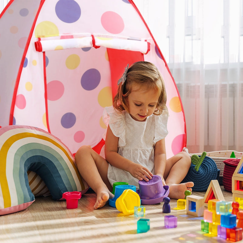 Keezi Kids Playhouse Play Tent Pop Up Teepee Ball Pit Tunnel Basketball Hoop Red - Outbackers