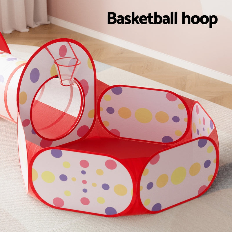 Keezi Kids Playhouse Play Tent Pop Up Teepee Ball Pit Tunnel Basketball Hoop Red - Outbackers
