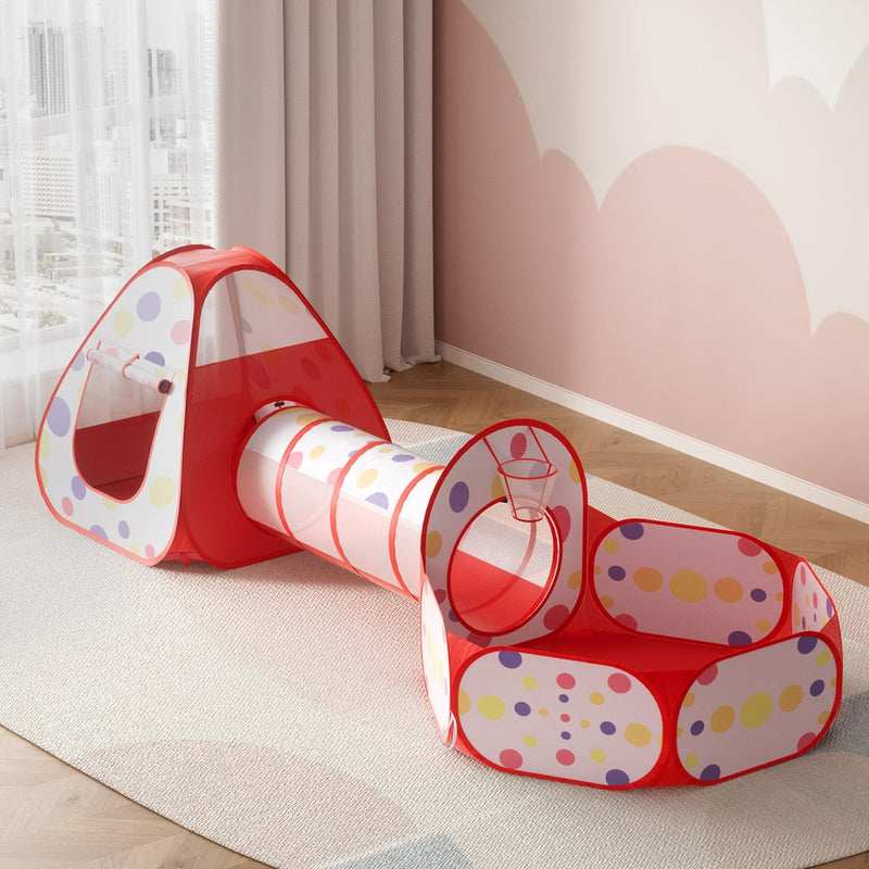 Keezi Kids Playhouse Play Tent Pop Up Teepee Ball Pit Tunnel Basketball Hoop Red - Outbackers