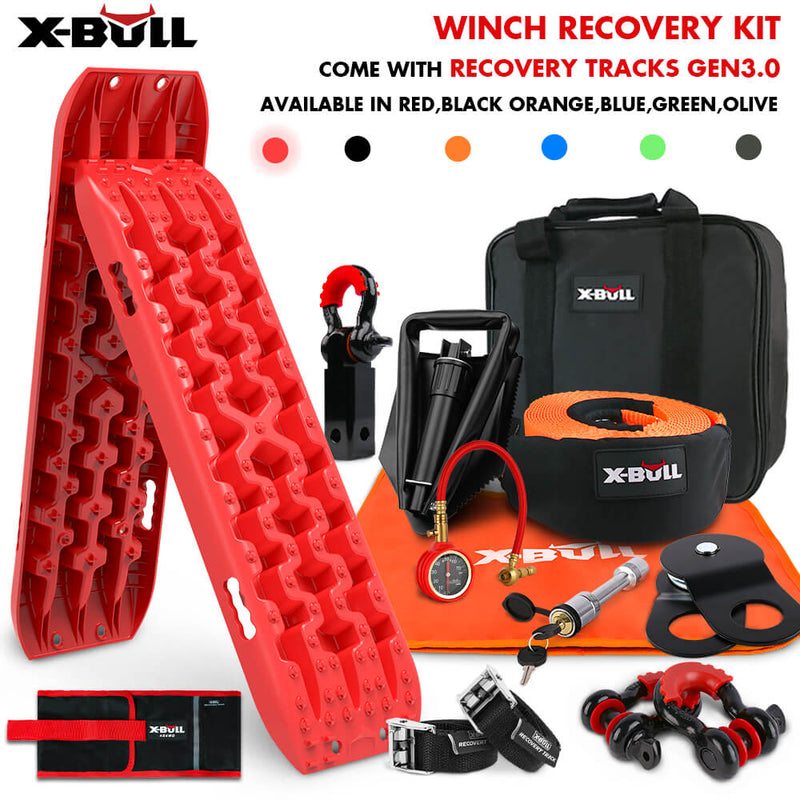 X-BULL Winch Recovery Kit with Recovery Tracks Boards Gen 3.0 Snatch Strap Off Road 4WD Red - Outbackers