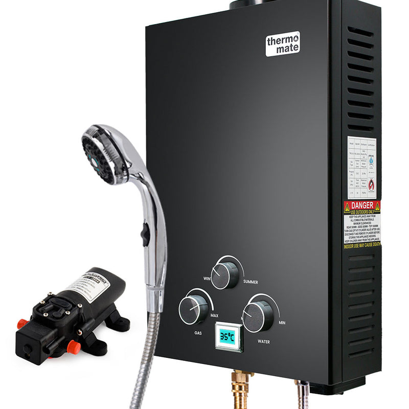Thermomate Portable Gas Outdoor Camping Hot Water Heater System, with 12V Pump, Shower Head, Black - Outbackers
