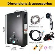 Thermomate Portable Gas Outdoor Camping Hot Water Heater System, with 12V Pump, Shower Head, Black - Outbackers