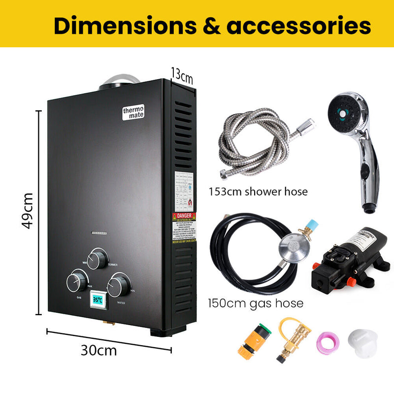 Thermomate Portable Gas Outdoor Camping Hot Water Heater System, with 12V Pump, Shower Head, Black - Outbackers