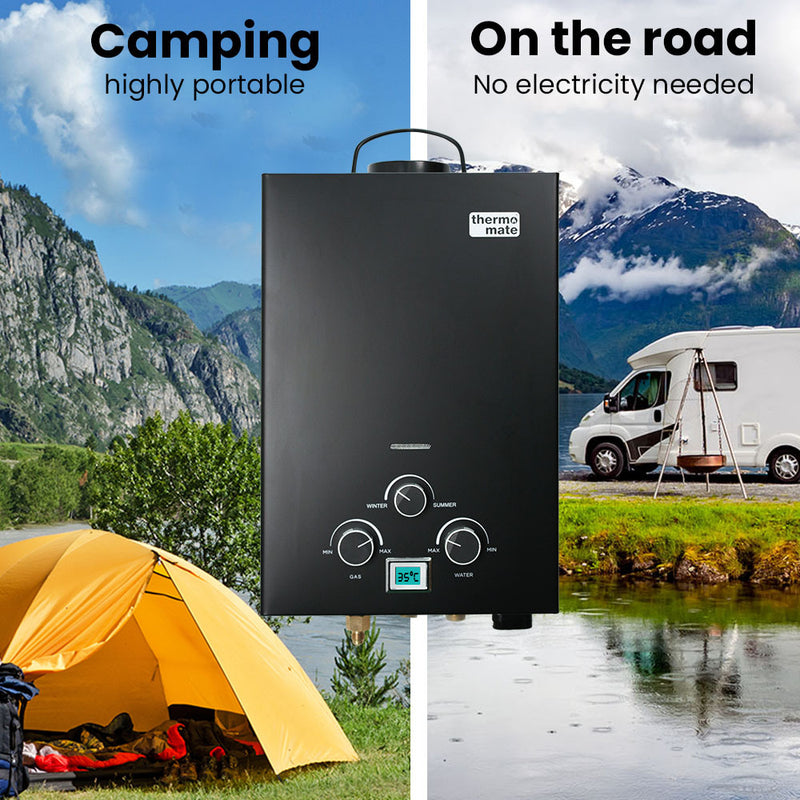 Thermomate Portable Gas Outdoor Camping Hot Water Heater System, with 12V Pump, Shower Head, Black - Outbackers