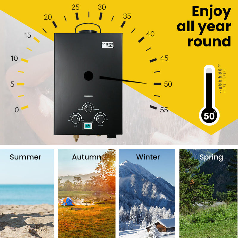 Thermomate Portable Gas Outdoor Camping Hot Water Heater System, with 12V Pump, Shower Head, Black - Outbackers