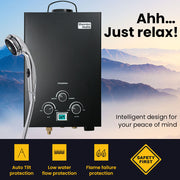 Thermomate Portable Gas Outdoor Camping Hot Water Heater System, with 12V Pump, Shower Head, Black - Outbackers