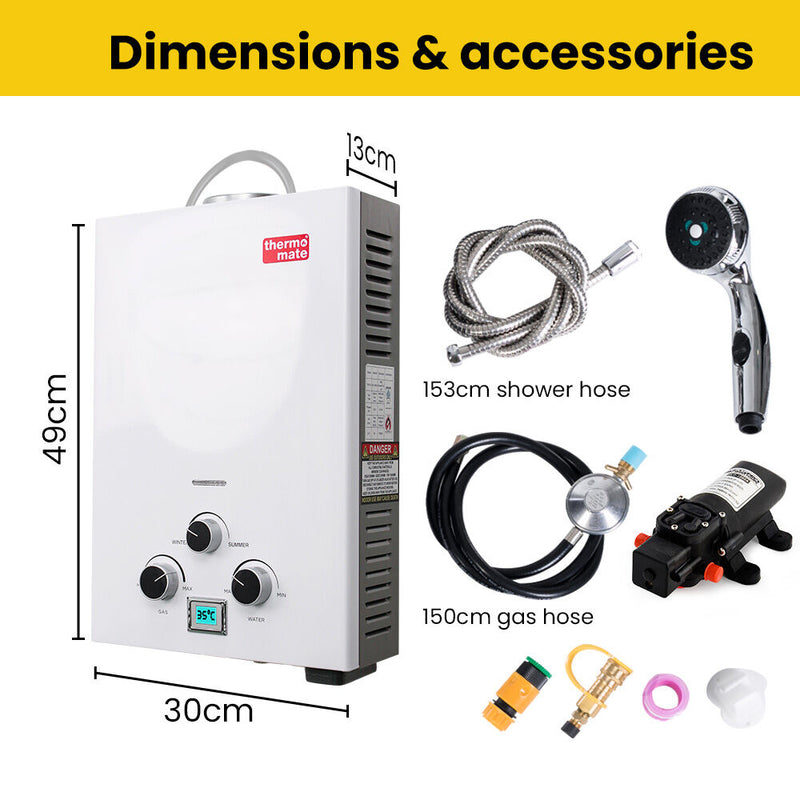 Thermomate Portable Gas Outdoor Camping Hot Water Heater System, with 12V Pump, Shower Head, White - Outbackers