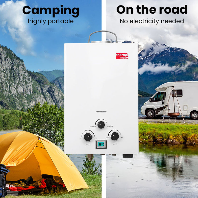 Thermomate Portable Gas Outdoor Camping Hot Water Heater System, with 12V Pump, Shower Head, White - Outbackers