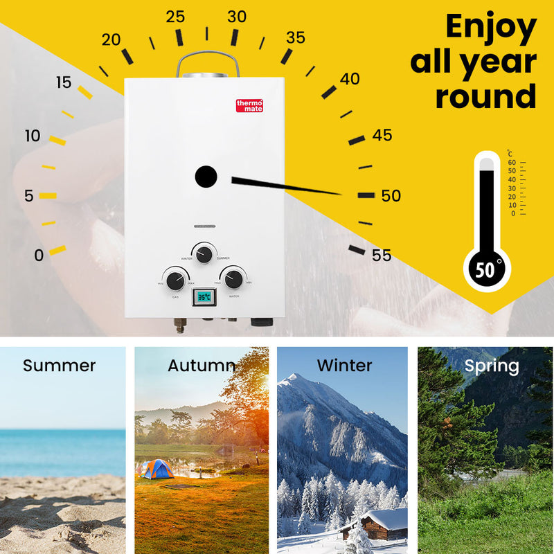Thermomate Portable Gas Outdoor Camping Hot Water Heater System, with 12V Pump, Shower Head, White - Outbackers