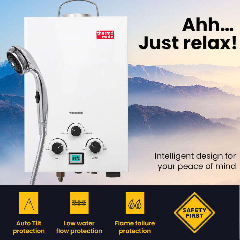 Thermomate Portable Gas Outdoor Camping Hot Water Heater System, with 12V Pump, Shower Head, White - Outbackers