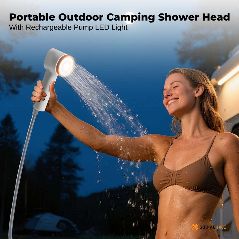 Social Hike Portable Camping Shower Head - Outdoor Rechargeable Pump LED Light - Outbackers
