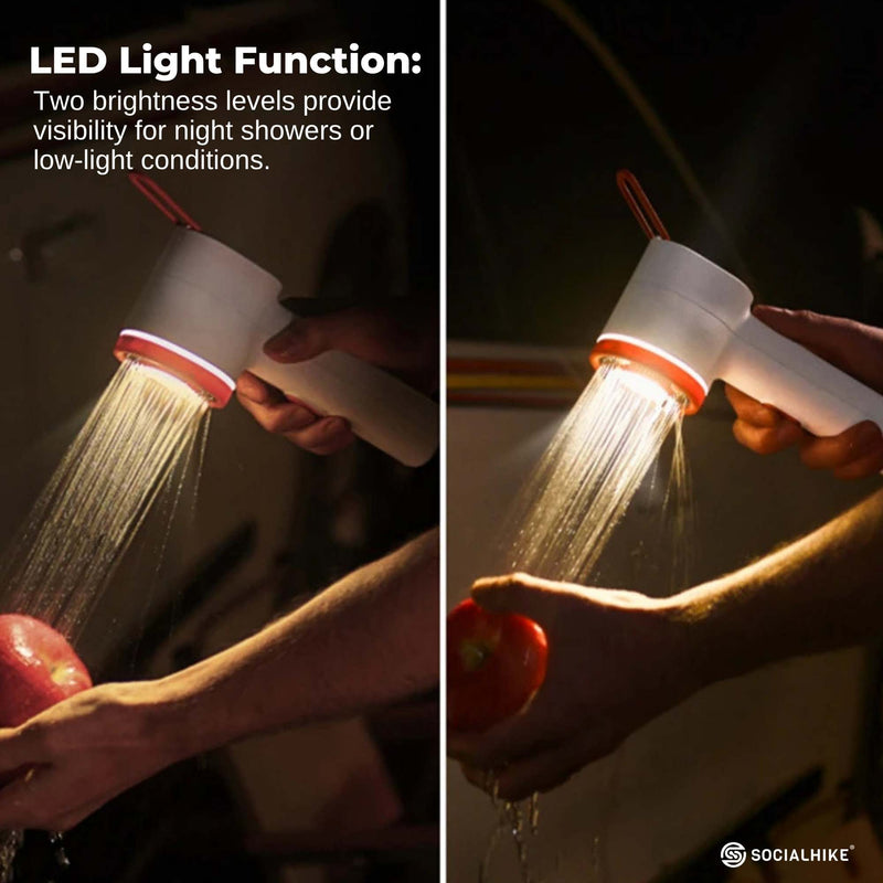 Social Hike Portable Camping Shower Head - Outdoor Rechargeable Pump LED Light - Outbackers