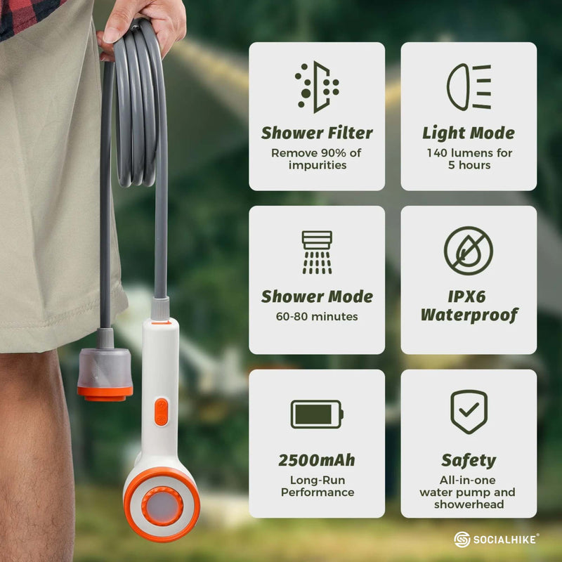 Social Hike Portable Camping Shower Head - Outdoor Rechargeable Pump LED Light - Outbackers