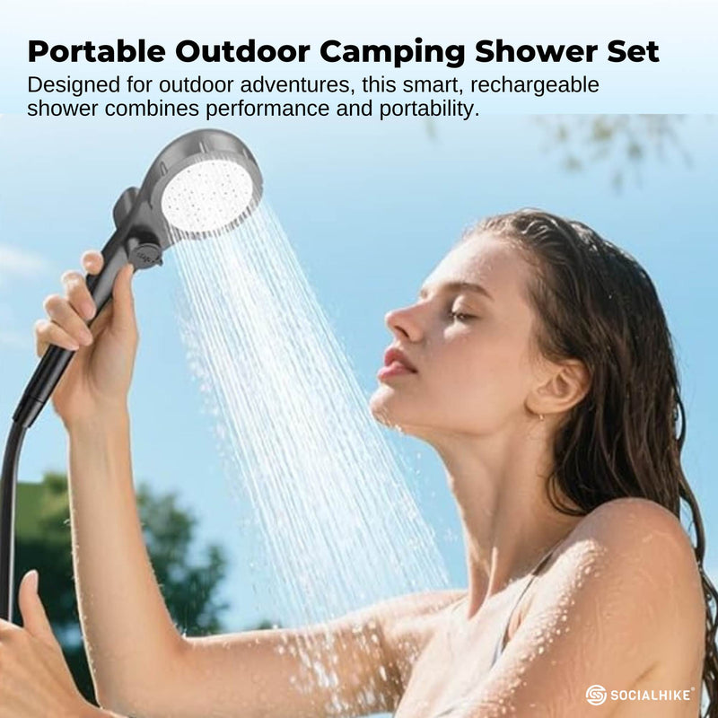 Social Hike Portable Camping Shower Kit - 6000MAh Outdoor Rechargeable Pump LED - Outbackers