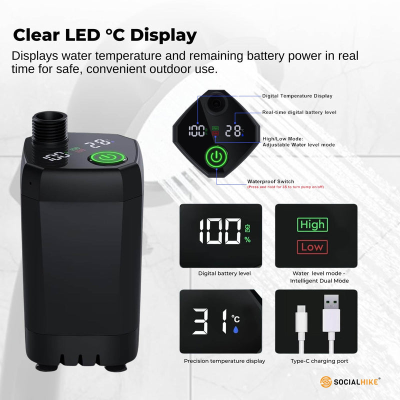 Social Hike Portable Camping Shower Kit - 6000MAh Outdoor Rechargeable Pump LED - Outbackers