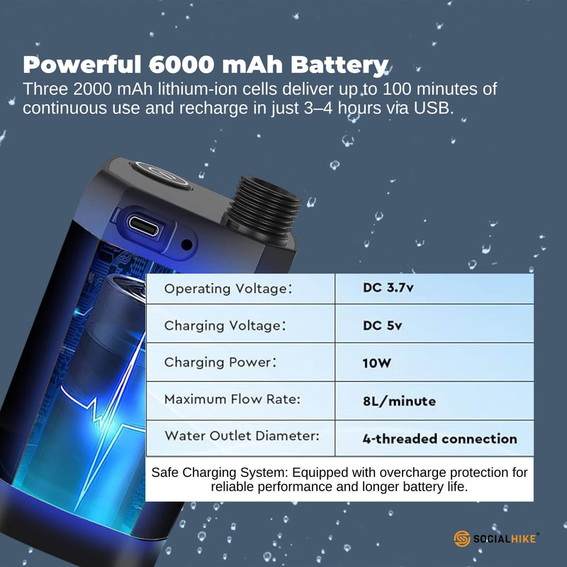 Social Hike Portable Camping Shower Kit - 6000MAh Outdoor Rechargeable Pump LED - Outbackers