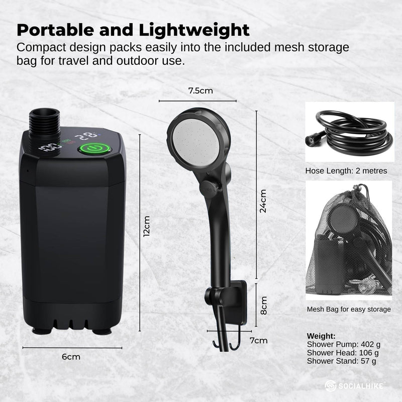 Social Hike Portable Camping Shower Kit - 6000MAh Outdoor Rechargeable Pump LED - Outbackers