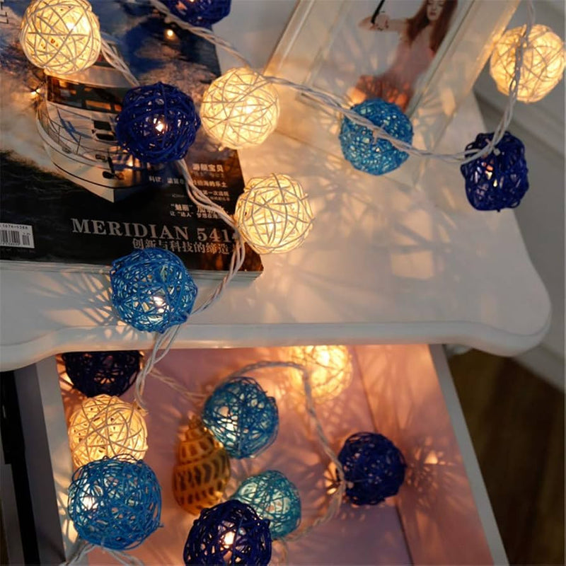 1 Set of Blue n White 5cm Rattan Cane 50 Ball Battery Powered LONG 5m String Lights Christmas Gift Home Wedding Party Bedroom Decoration Table Centrepiece - Outbackers