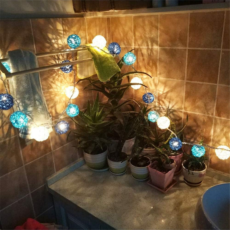 1 Set of Blue n White 5cm Rattan Cane 50 Ball Battery Powered LONG 5m String Lights Christmas Gift Home Wedding Party Bedroom Decoration Table Centrepiece - Outbackers