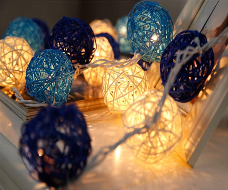 1 Set of Blue n White 5cm Rattan Cane 50 Ball Battery Powered LONG 5m String Lights Christmas Gift Home Wedding Party Bedroom Decoration Table Centrepiece - Outbackers