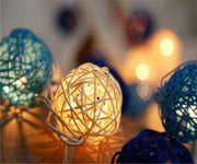 1 Set of Blue n White 5cm Rattan Cane 50 Ball Battery Powered LONG 5m String Lights Christmas Gift Home Wedding Party Bedroom Decoration Table Centrepiece - Outbackers