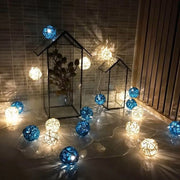 1 Set of Blue n White 5cm Rattan Cane 50 Ball Battery Powered LONG 5m String Lights Christmas Gift Home Wedding Party Bedroom Decoration Table Centrepiece - Outbackers
