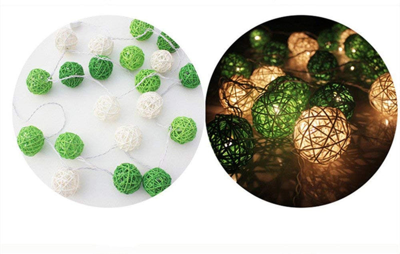 1 Set of Green n White 5cm Rattan Cane 20 Ball Battery Powered 3m String Lights Christmas Gift Home Wedding Party Bedroom Decoration Table Centrepiece