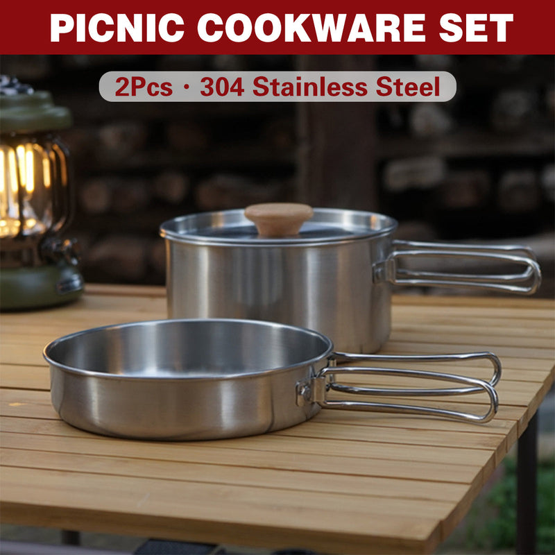 2PCS 304 Stainless Steel Camping Pot and Pan Set With Folding Handles Outdoor - Outbackers