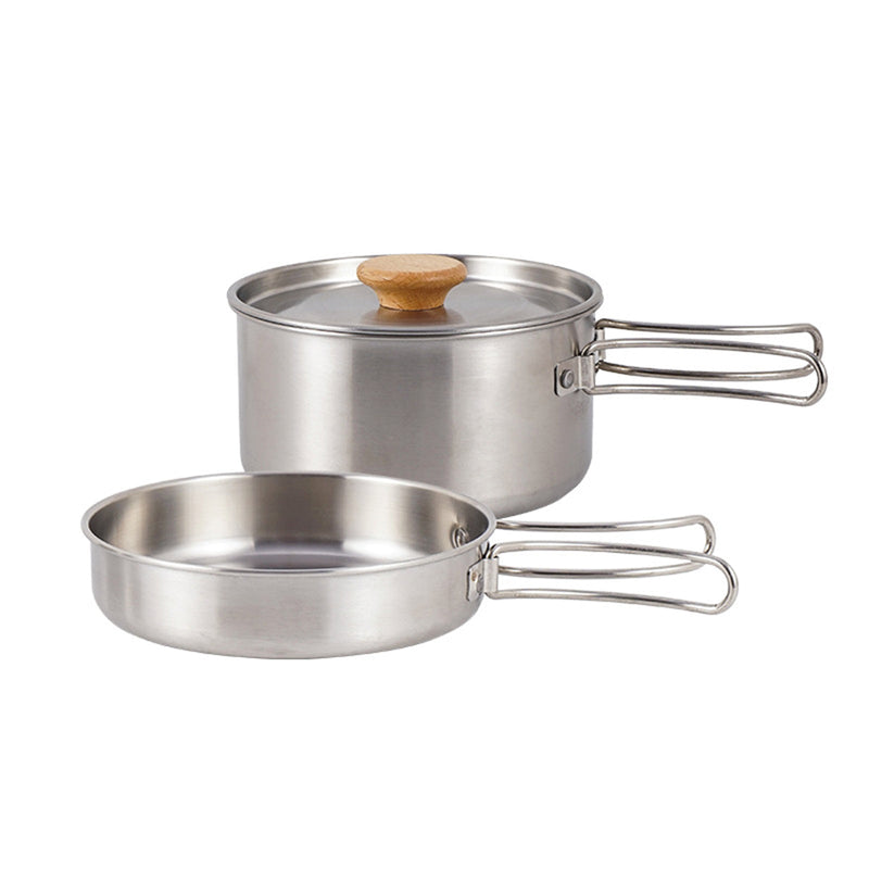 2PCS 304 Stainless Steel Camping Pot and Pan Set With Folding Handles Outdoor - Outbackers
