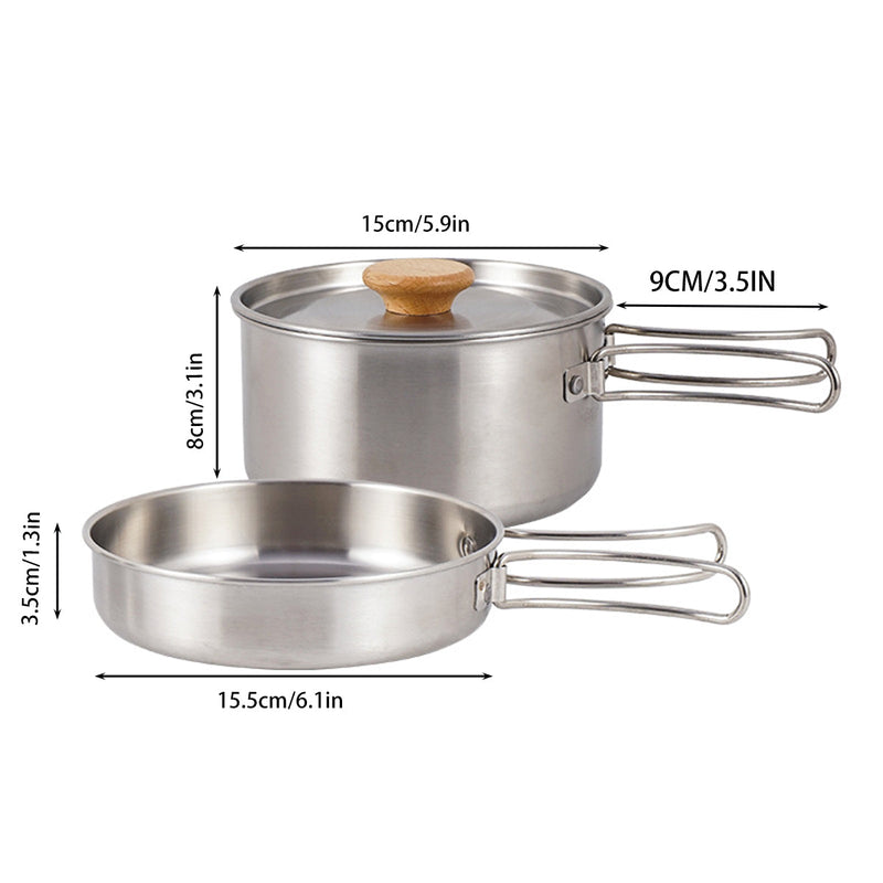 2PCS 304 Stainless Steel Camping Pot and Pan Set With Folding Handles Outdoor - Outbackers