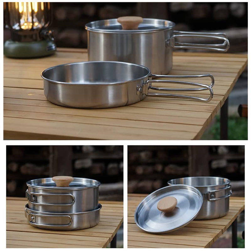 2PCS 304 Stainless Steel Camping Pot and Pan Set With Folding Handles Outdoor - Outbackers
