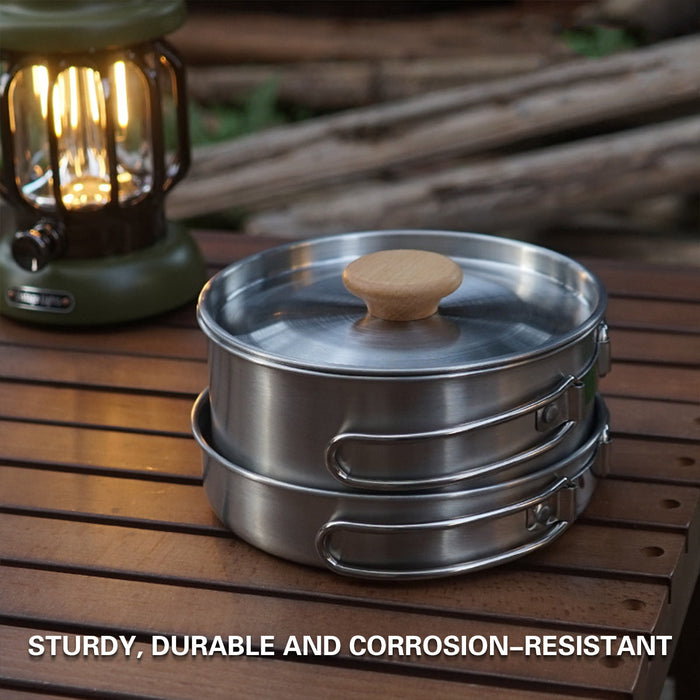 2PCS 304 Stainless Steel Camping Pot and Pan Set With Folding Handles Outdoor