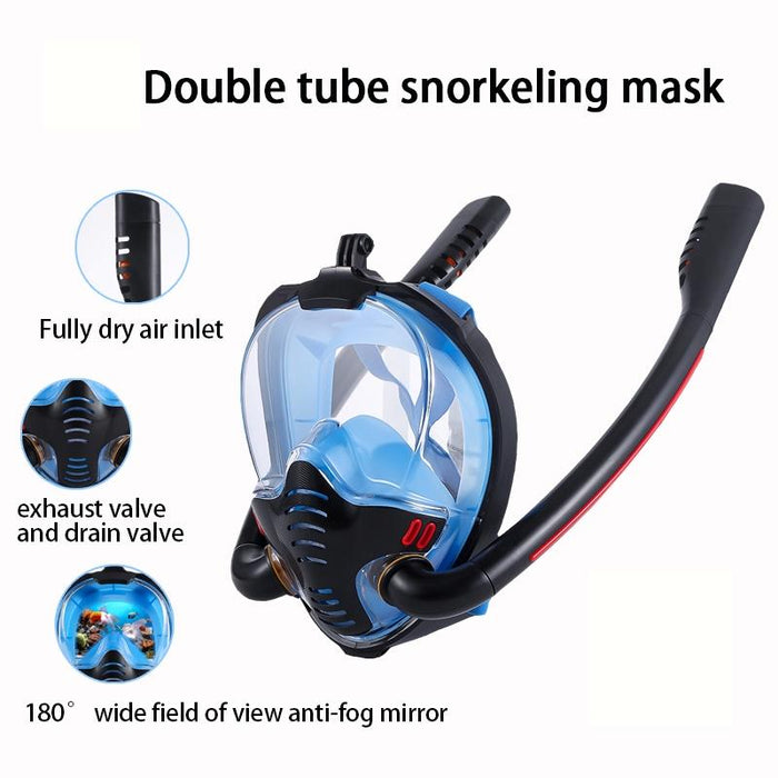 Full Dry Silicone Diving Mask for Adults - Double Tube - White/Blue