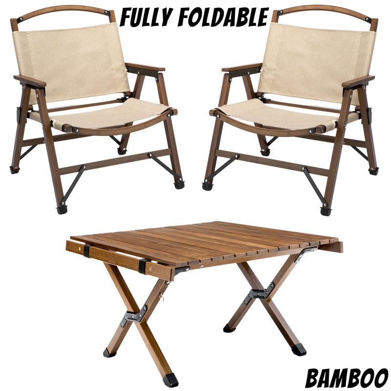 Bamboo Foldable Camping Table + 2 Chairs Waterproof Wood Wooden Travel Set Kit - Outbackers