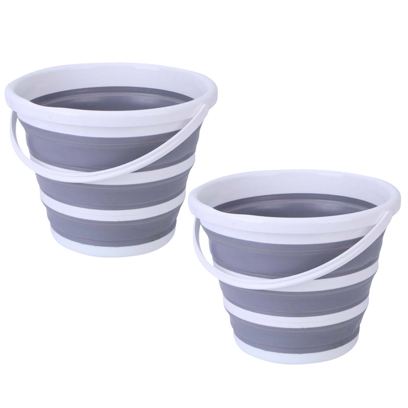 2x 10L Foldable Collapsible Bucket Silicone Hiking/Camping/Fishing - Grey/White - Outbackers