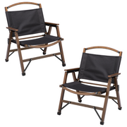 2x Bamboo Canvas Foldable Outdoor Camping Chair Wooden Travel Picnic Park - Black - Outbackers