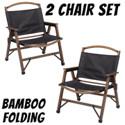 2x Bamboo Canvas Foldable Outdoor Camping Chair Wooden Travel Picnic Park - Black - Outbackers