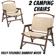 2x Bamboo Foldable Outdoor Camping Chair Wooden Travel Picnic Park Folding - Khaki/Beige - Outbackers