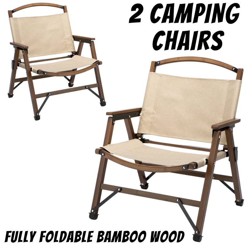 2x Bamboo Foldable Outdoor Camping Chair Wooden Travel Picnic Park Folding - Khaki/Beige - Outbackers