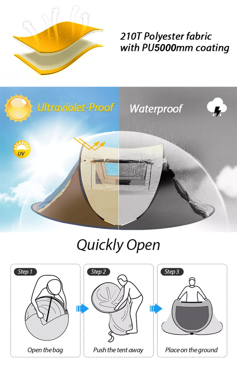 Waterproof Instant Up Beach Camping Tent 3 Person Pop up Tents Family Hiking Dome - Outbackers